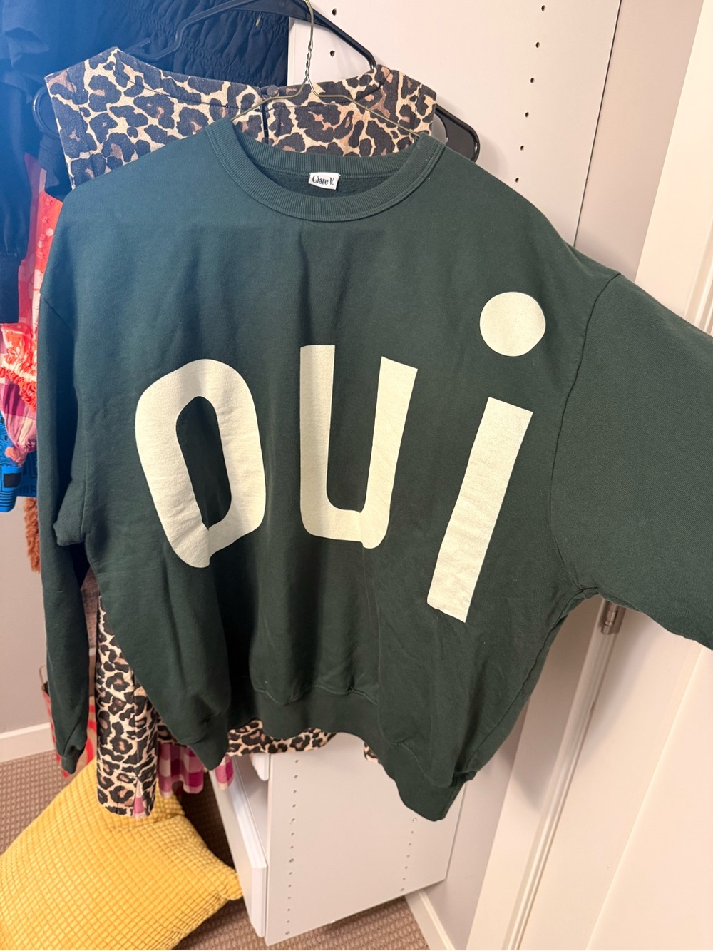 Clare V Dark Green 'OUI' Crewneck Sweatshirt with Cream Graphic